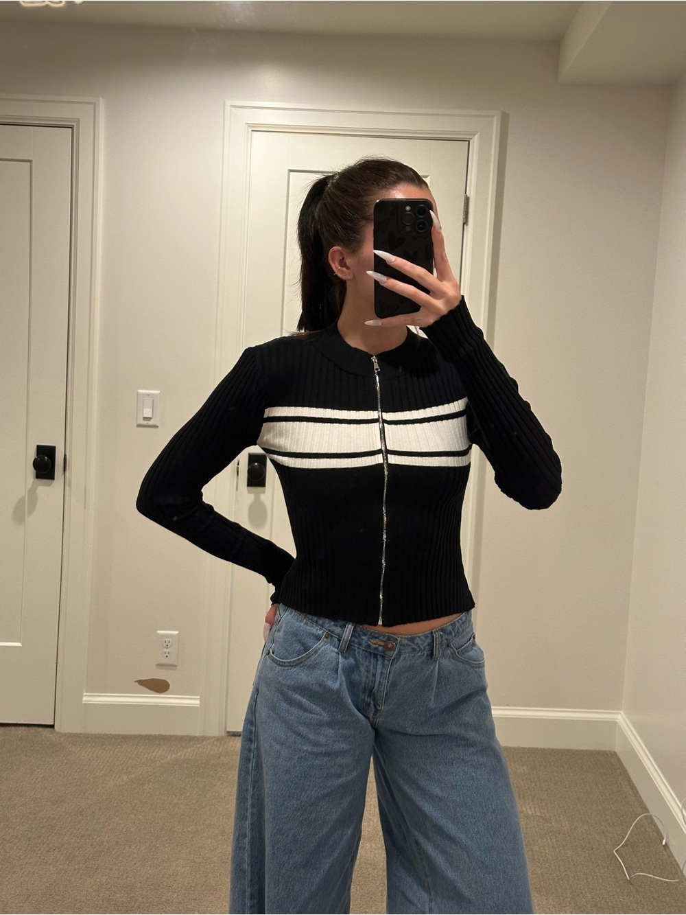Princess Polly Black Ribbed Zip Cardigan with White Stripe